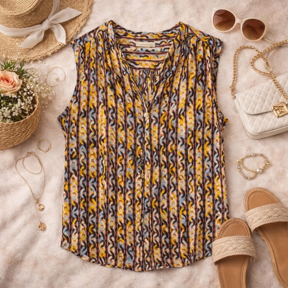 Banana Republic Chain Print Sleeveless Blouse Medium Retro Geometric Office Top